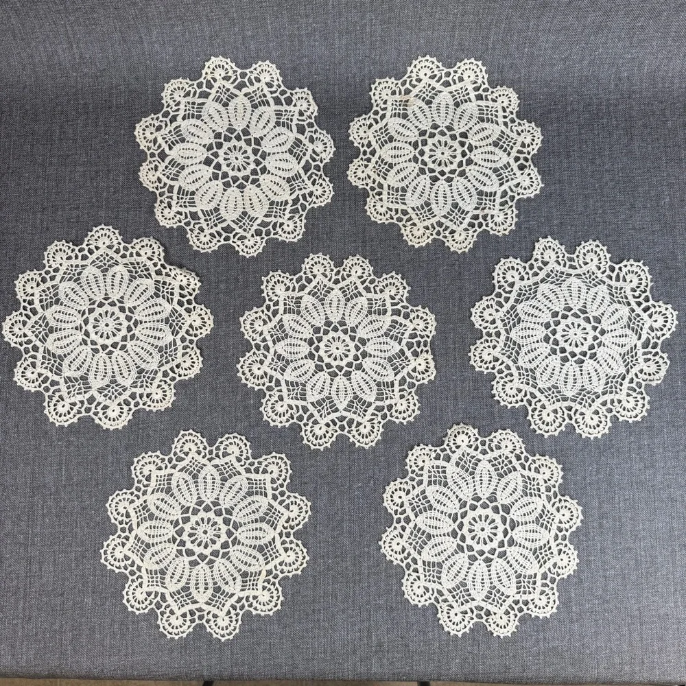 Vintage Handmade Crochet Lace Doilies Set of 7 Off White Round Floral 7in